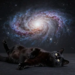 black cat is lying on its back, the spiral galaxy on the background, photo 4k