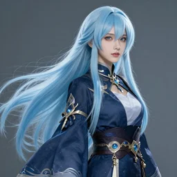 a beautiful woman with long flowing light blue hair, detailed clothing, dark aesthetic, realistic setting