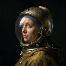 a woman's face in profile, wearing a glass space helmet and a cloak, in the style of the dutch masters and gregory crewdson, dark and moody