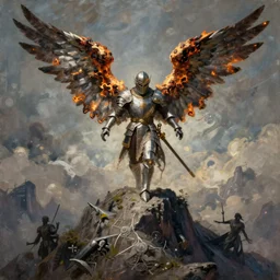 painting of a fallen angel paladin with big burnt wings reaching the summit of a haunted mountain, sharp focus, award - winning, trending on artstation, masterpiece, highly detailed, intricate. art by terese nielsen