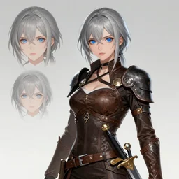 a female adventurer in leather armor with a sword attached to her hip, anime style, character sheet, concept art, silver hair, detailed face, artstation, trending, masterpiece, sharp focus, blue eyes, leather shoulder pad, high resolution, beautiful