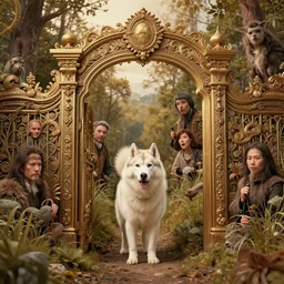 gate leading to white alaskan husky in a alaskan lush vegetation, warm tones : by michal karcz, guillermo del toro, daniel merriam, victo ngai and : ornate, dynamic, particulate, intricate, elegant, highly detailed, centered, artstation, smooth, sharp focus, octane render