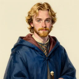 Heath Ledger young wizard with blonde hair and blond beard wearing a blue robe, illustration by Arthur Rackham