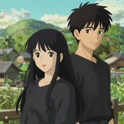 beautiful anime girl with long black hair and bangs, beautiful anime guy with short black hair, wearing black clothes, siblings, fine details portrait, japense village in background, bokeh. anime masterpiece by Studio Ghibli. illustration, sharp high-quality anime illustration in style of Ghibli, Ilya Kuvshinov, Artgerm
