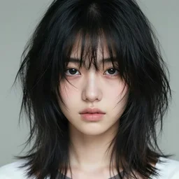 A young Japanese woman with medium-length messy black hair, bangs covering her eyes
