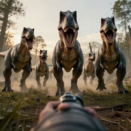 realistic photo first person perspective, dinosaurs stampede towards camera, attacking and chasing me, dramatic lighting, early evening, professional photography, high detail, cinematic lighting