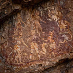 archeological photo of the ancient rock art drawings of the catgirls, symmetrical, cinematic, real dlsr photography, sharp focus, 4 k, ultra hd, sense of awe