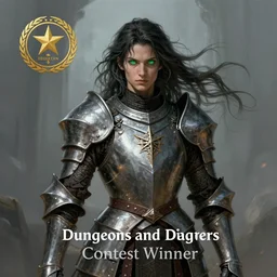 Dungeons and Dragons Portrait of a paladin. Plate Armor. Dark Flowing Chaotic Hair, Green Eyes. Contest Winner, Award Winning, Fantasy Digital Art