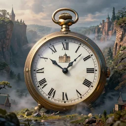 a huge victorian meteorite pocket watch sculpture remains in the olympus valley basin. the town under the pocket watch is shrouded in smoke. stream, tintal light effect, magnificent large scene, rich details, vigorous color scheme, trending on artstation