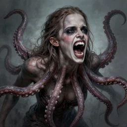 emma watson screams in hunger and shows her long teeth, horror version. an unnatural abomination with long teeth, many tentacles, and gray skin. grunge, horror, dmt, dark and muted colors, detailed airbrush art, by yves klein