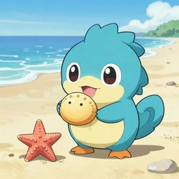 beautiful cute pretty digital painting thick lines of oshawott playing with starfish on the beach holding a sand dollar