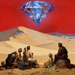 journey of Bucolic gaze sand Desert Deity under crimson azure diamond sky, in the style of Frank Frazetta, Jeff Easley, Caravaggio, extremely clear and coherent, clear lines, 8K revolution