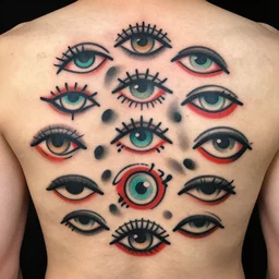 many eyes, traditional tattoo style, clean lines, 8k, sharp focus