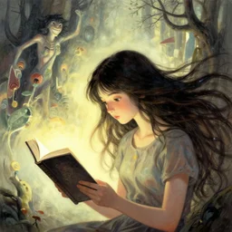 a girl reading a book, her hair flowing down, by karol bak, ayami kojima, artgerm, smile, concept art, fantasy