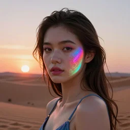 a girl glowing with neon colors in the middle of a beautiful desert sunrise,high detail of the face, high detail, high modernization, high stylization, photorealistic, 8k resolution, octane render, unreal engine