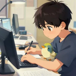 gori fujita ilustration a game development studio, little bird with a lot of work close up painting by goro fujita, sharp focus, highly detailed, artstation
