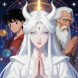 story creative figurative illustration, white devil prophet, young beautiful female and mystic elder, in geometric elemental environment, high detail, vibrant colors, face, by sija hong, yoshitaka amano, stanley artgerm, masterpiece, sharp focus, cinematic lightning
