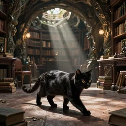 fantasy VFX movie of a black cat walking through a wizards magic underground library study lair, natural lighting by Emmanuel Lubezki