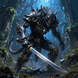 post - gothic giant creepy chimera, exoskeleton armor, pulling katana, dystopian ruins covered in vegetation, highly detailed smooth digital art masterpiece, vitaly bulgarov giger dramatic dark blue light, ground angle hd 8 k, sharp focus