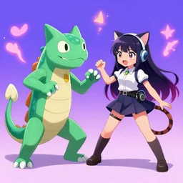 magical cat lizard fight with robot cat girl, trending on art, anime