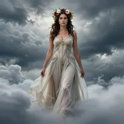 fine art photo of the beauty goddess gal gadot, she has a crown of mesmerizing flowers, she is arriving heaven, background full of stormy clouds, by peter mohrbacher, long shot