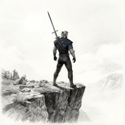 the witcher standing at the edge of a cliff with his sword pointing up to the sun, pencil drawing