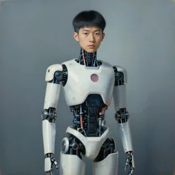 cyborg robot asian boy, surrealism painting art