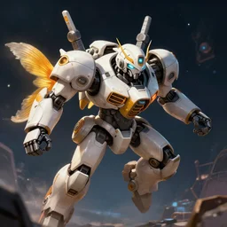 a gold fish piloting a mech suit, digital art