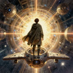 centered portrait of illustration, a person with a short cloak traveling in a space ship, volumetric, sci fi, awesome scheme, intrincate, art by jean giraud and moebius