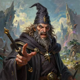 A comic book style portrait painting of a crazed wizard with a beard in a stunning fantasy landscape, unreal 5, DAZ, hyperrealistic, octane render, RPG portrait, dynamic lighting