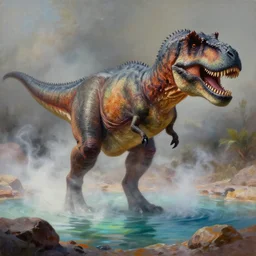 highly detailed oil painting of a tyrannosaurus rex in a steaming colorful hotspring, featured on artstation