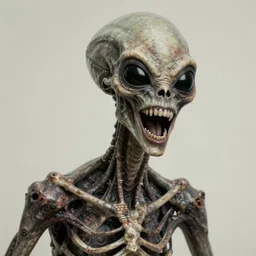 humanoid with crooked teeth, two black eyes, long open black mouth, alien looking, big forehead, horrifying, killer, creepy, dead, slightly realistic, long neck, boney, monster, tall, skinny, skullish, deathly, in the style of alfred kubin