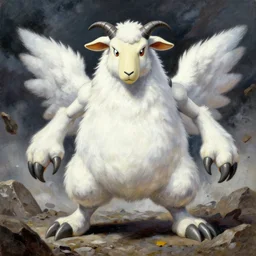 a dramatic and detailed oil painting of absol from pokemon and a natural disaster. color manga by wayne reynolds and ken sugimori | absol has white fur, spurs, a sheep's face, each of it's four limbs ends in large paws with three clawed talons, the floof of a white silkie chicken shaped like a sleek edgy wolf