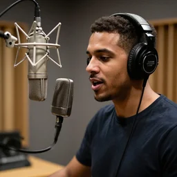 a photograph of a bird wearing headphone and speaking into a high - end microphone in a recording studio.