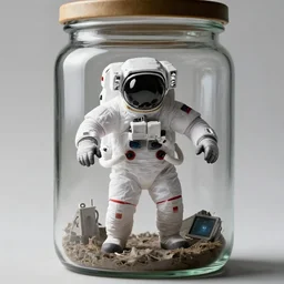 an astronaut inside a jar trying to escape