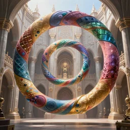 enormous colorful Ouroboros floating around inside an ancient mage castle hall colossal scale, gothic and baroque, brutalist architecture, ultradetailed, intricate details by Ellen Jewett and Ayami Kojima