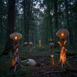 a forest at dusk inhabited by a new type of radioactive radium based lifeforms, staining the scenery with its waste