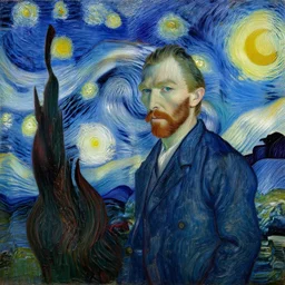 An oil painting of Ian McKellen in the style of Starry Night by Vincent van Gogh
