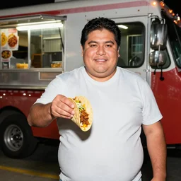 obese mexican man showing off tacos de birria next to a food truck in the night, amateur photography with flash,