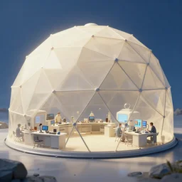 aerospace lab in a geodesic dome, light dust, ivory and blue color scheme, by peter mohrbacher dan mumford craig mullins nekro, cgsociety, pixiv, volumetric light, 3 d render