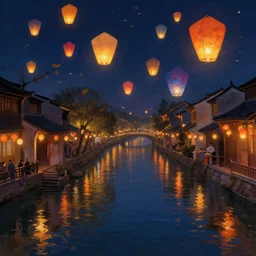 paper lanterns glowing in many colors floating down a river canal at night, beautiful digital detailed landscape painting, matte painting trending on artstation