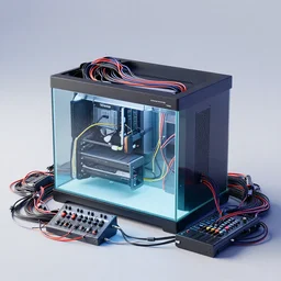 a fishtank built into a computer server surrounded by piles of modular synth cables, by cameron gray, wlop, stanley kubrick, masamune, hideki anno, unique perspective, trending on artstation, 3 d render, smooth render