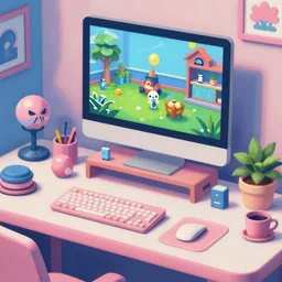 game asset of the sims desk decor and furniture, living rooms, in gouache detailed paintings, props, stylized, 2 d sprites, kitbash, arcane, overwatch, blue and pink color scheme, 8 k, close up