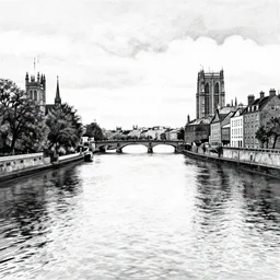 black and white, themes river pen art by stephen wiltshire