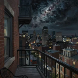 horrifying full color photorealistic painting of the view from a 1 9 2 5 hotel terrace balcony overlooking a warped view of downtown boston with a cosmic sky, dark, atmospheric, brooding, smooth, finely detailed, cinematic, epic, in the style of lee gibbons