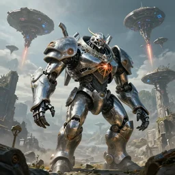 highly detailed elden ring portrait photo of a huge chrome plated robotic golurk in scenic dystopian environment. a fleet of even bigger massive spacecrafts lift off and flying in the background, hyperrealistic illustration by william didier - pouget