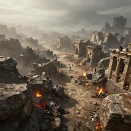 A realistic detailed photo of an ancient city, rocks coming out of the ground, fire, dead peoples, destroyed city, foggy landscape, light particles, detailed light, realistic shaders, trending on artisation, detailed textures, detailed, realistic.