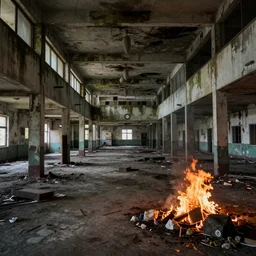 backrooms abandoned mall, moldy walls and garbage on fire