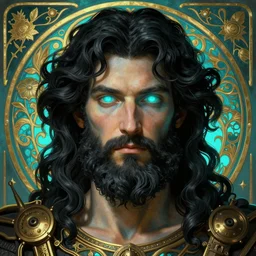 the god zeus, portrait, wavy black electric hair, bushy beard, glowing eyes,, volumetric lights, cyan and gold scheme, art nouveau botanicals, gothic, intricate, highly detailed, digital painting, artstation, concept art, smooth, sharp focus, symmetric face, illustration, steampunk, art by artgerm and greg rutkowski and alphonse mucha