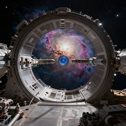 intergalactic stargate portal in a space station with a view of a nebula in the background